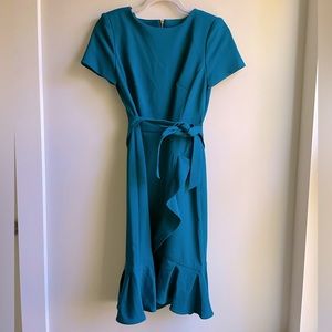 Calvin Klein Teal Faux Wrap Dress With Tie and Shoulder Pads Size Two